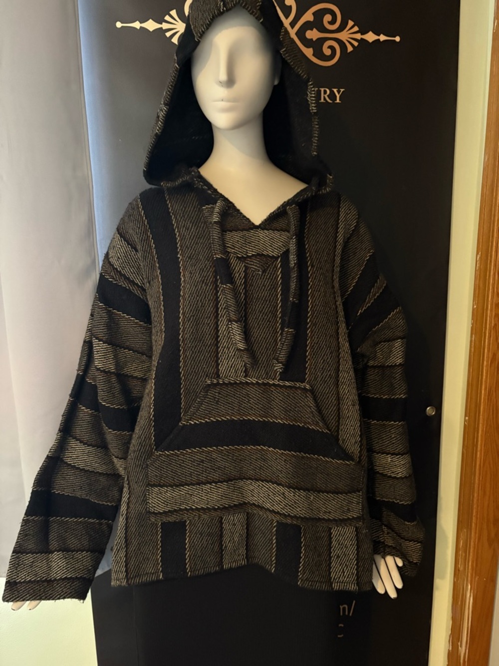 High Quality Striped Hooded Baja Pullover in Black and Taupe